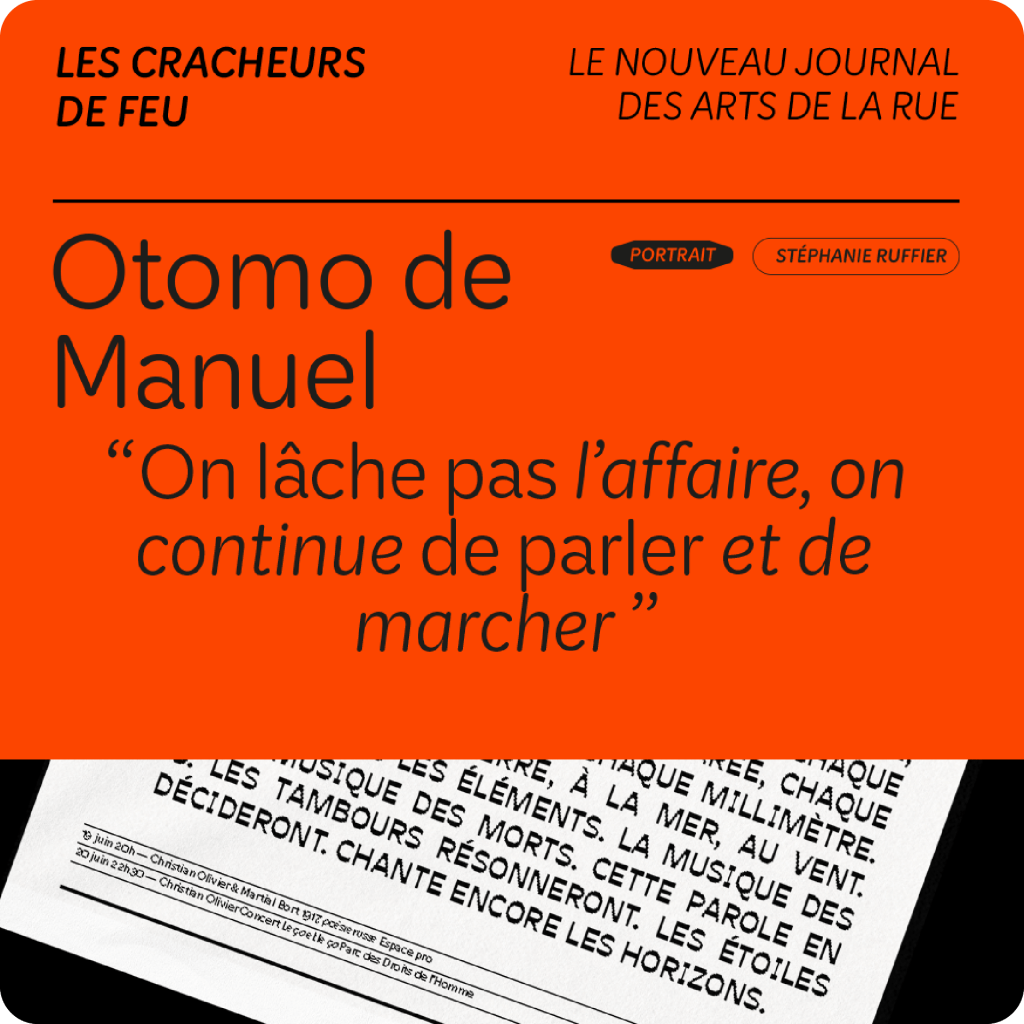 Mise en page sur fond rouge d'un article sur les arts de la rue du journal Cracheur de Feu, édité par les ateliers Frappaz.